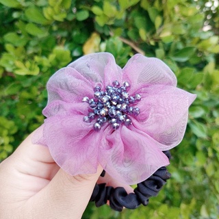 台灣現貨 手工絹紗花朵水晶珠砂糖花芯腸圈髮圈 蝦皮購物