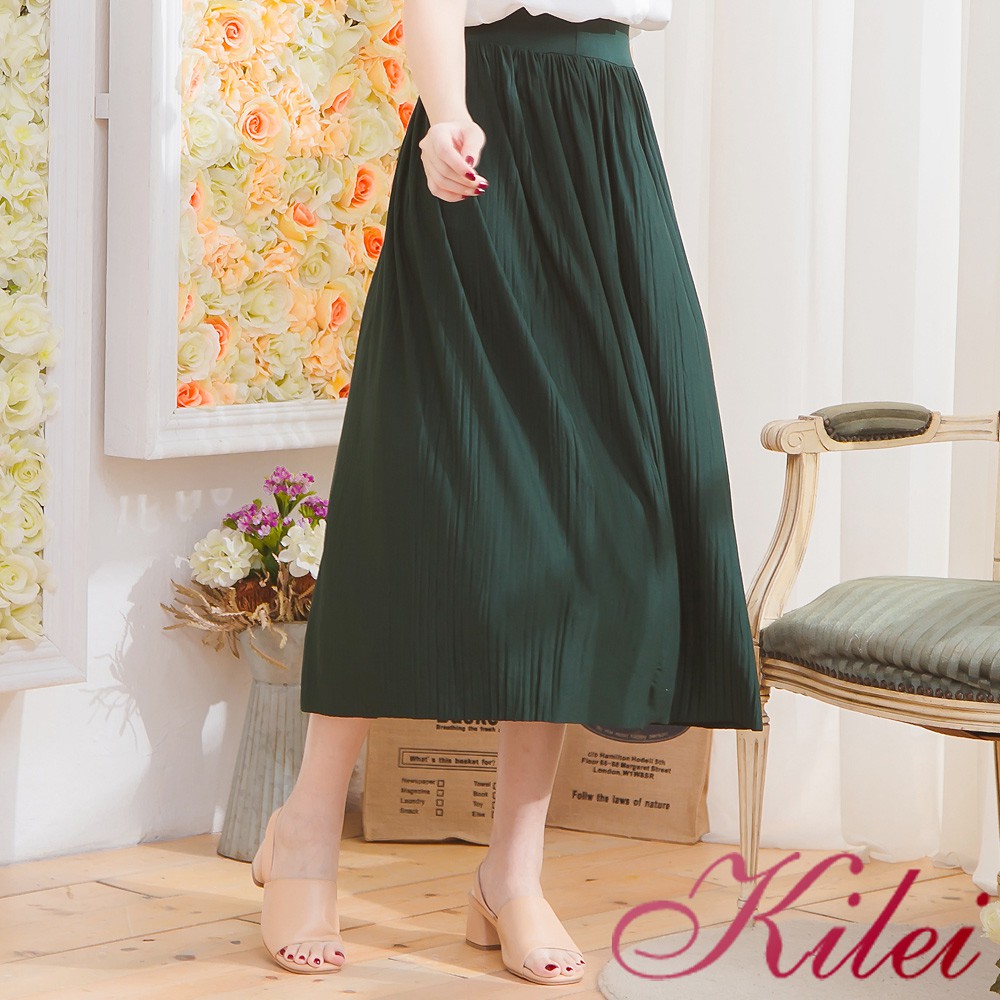 【Kilei】百搭休閒素面小百折長裙XA3717-02(個性深綠)全尺碼