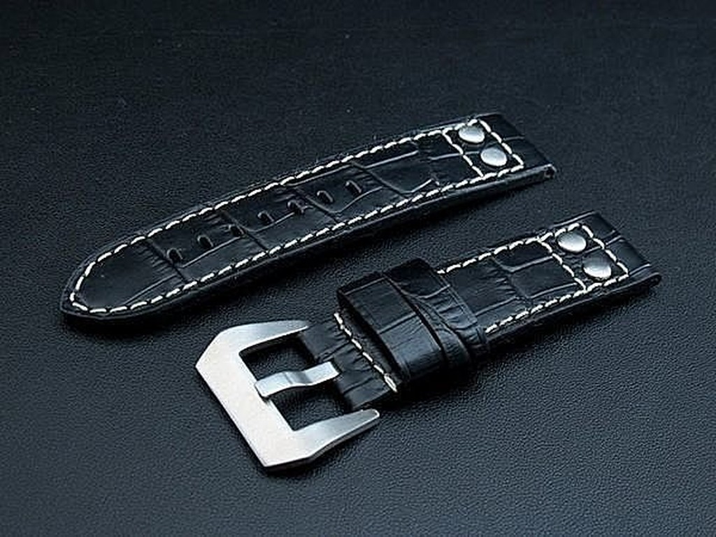 168錶帶配件 /24mm二戰軍風banda軍錶飛行風鉚釘 壓鱷魚皮紋,直身黑色真皮錶帶