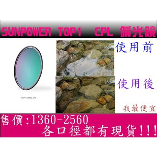 <免運我最便宜>【SUNPOWER】TOP1 HDMC CPL 環形偏光鏡各尺寸 防潑水、抗指紋 超薄 頂級奈米多層鍍膜