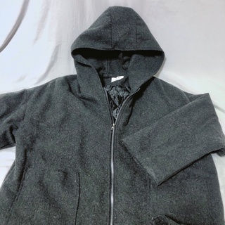 灰白設計長版連帽大衣 韓版口袋拉鍊保暖外套