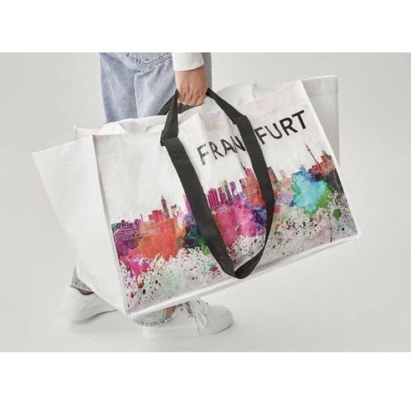 現貨 德國法蘭克福 城市限定 日本IKEA編織購物袋 零錢包 帆布印花購物袋 貓咪 無印風 藍色房子 提袋 揹袋 側背袋