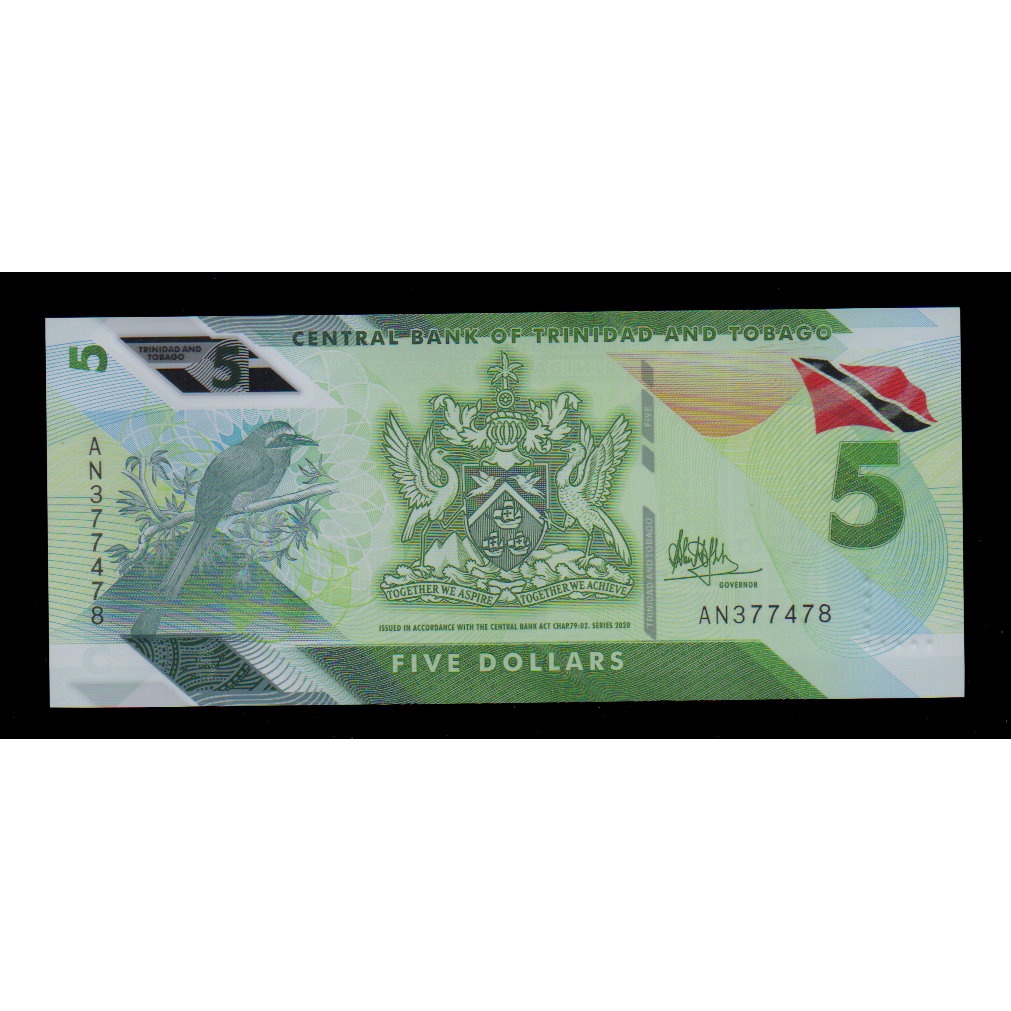 【低價外鈔】千里達托貝哥2020 (2021)年 5 Dollars 塑膠鈔一枚，少見~