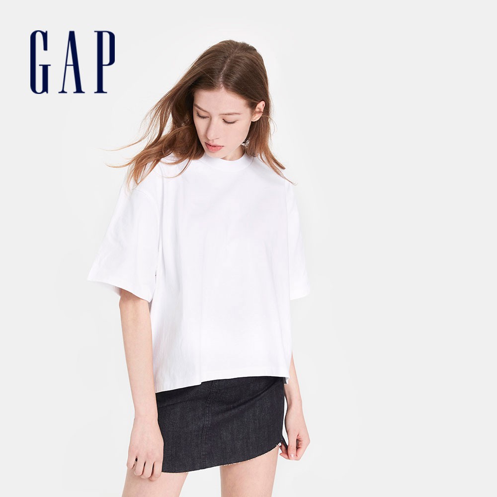 Gap 女裝 棉質舒適圓領落肩短袖T恤 厚磅密織系列-白色(569336)