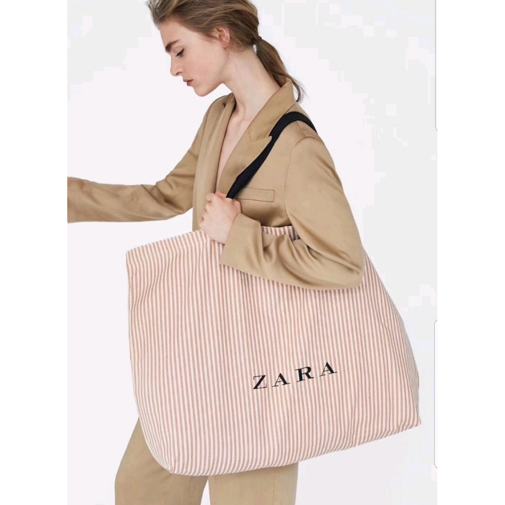 ZARA歐美衣神女士新款麻袋單肩購物袋 女士條紋購物袋 超大容量 麻布袋 媽咪袋 購物袋 時尚