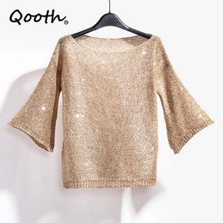 Qooth Shiny Lurex 亮片毛衣女士長袖套頭衫圓領金色基本襯衫亮片針織上衣套頭衫 QH2174