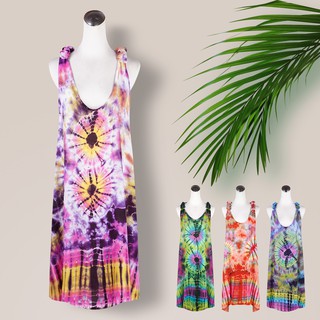 【pico bird】泰國夏季彩色蠟染打結挖背七分洋裝 渡假沙灘裙連身裙