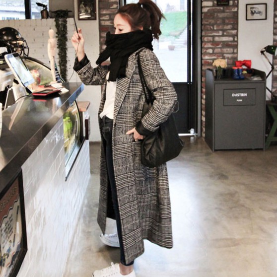 冬裝韓版女裝緊身顯瘦長款加厚繭型千鳥格格子毛呢外套大衣