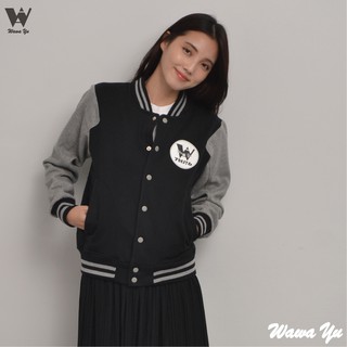 棒球外套-長袖厚棉刷毛口袋外套-品牌LOGO印花-女版-黑色 尺碼XS-XL Wawa Yu品牌服飾