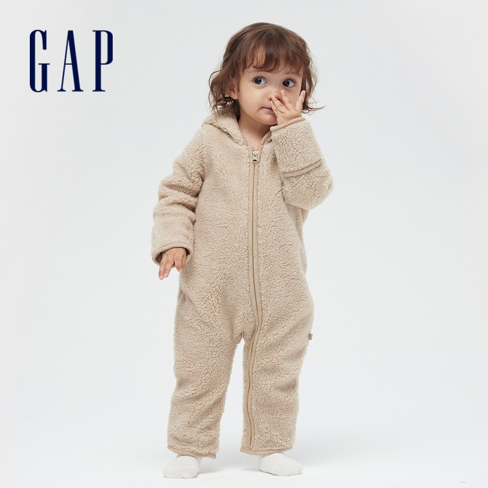 Gap 嬰兒裝 仿羊羔絨熊耳造型包屁衣-駝色(595070)