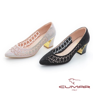 【CUMAR】水鑽鏤空金屬粗跟鞋