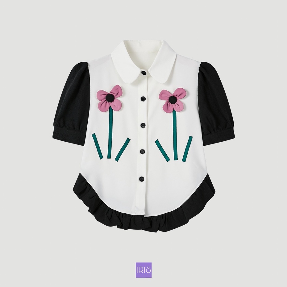 IRIS BOUTIQU泰國原創設計IS2022T11-IP2022H291 兩朵小花拼接短袖襯衫上衣夏季女正品保證