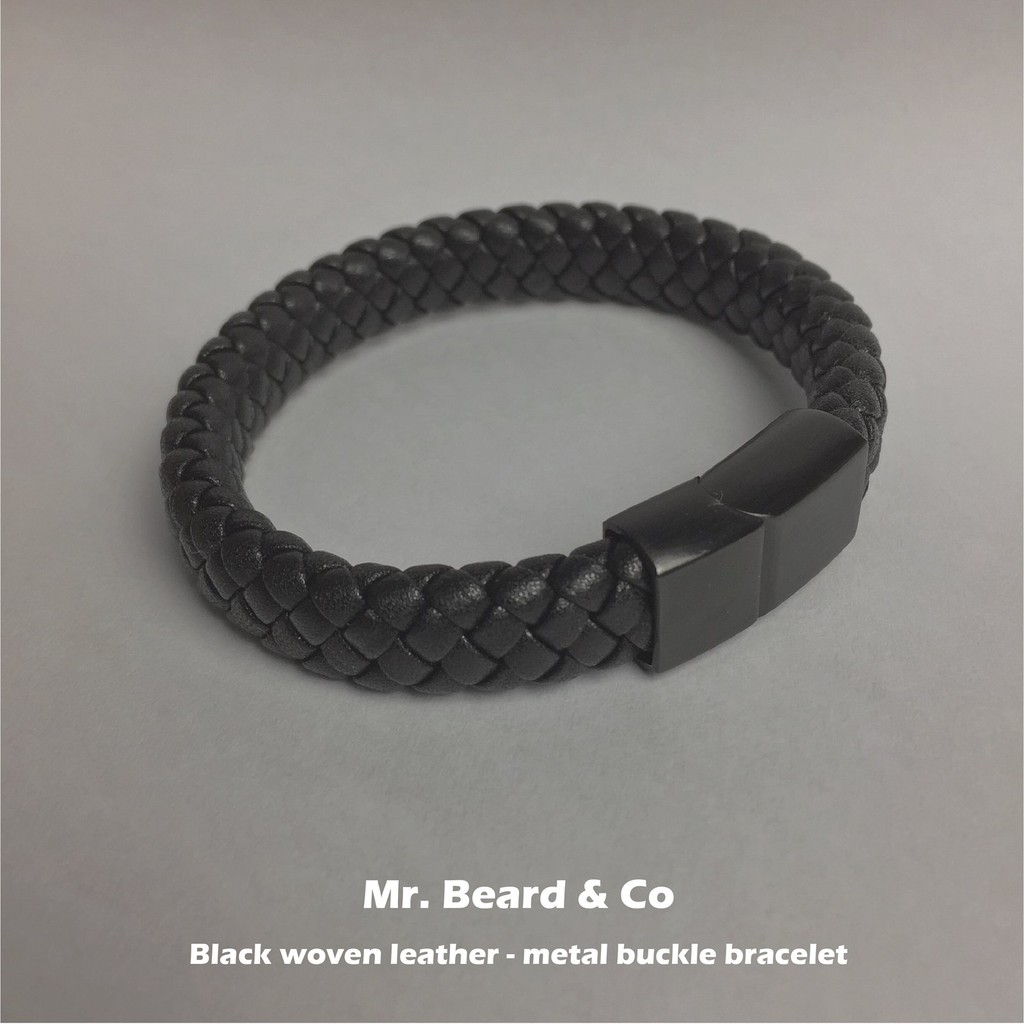 【MBC】Black woven leather-metal buckle bracelet 編織 金屬釦 黑皮革手環