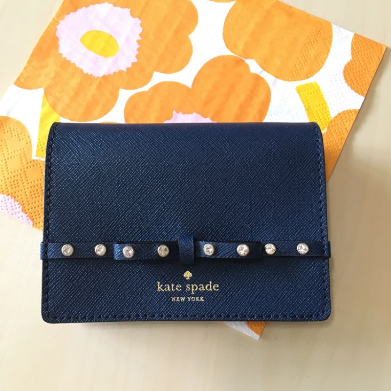 全新 Kate Spade 珠寶蝴蝶結零錢包 卡夾 短夾 手拿包 深藍色