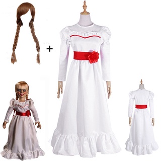 電影安娜貝爾角色扮演 萬聖節服裝白色洋裝 兒童萬聖節服裝和假髮