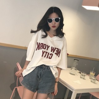 女生短袖T恤 V領T恤 V領上衣 寬鬆T恤 學生上衣 韓版新款字母印花寬鬆百搭上衣