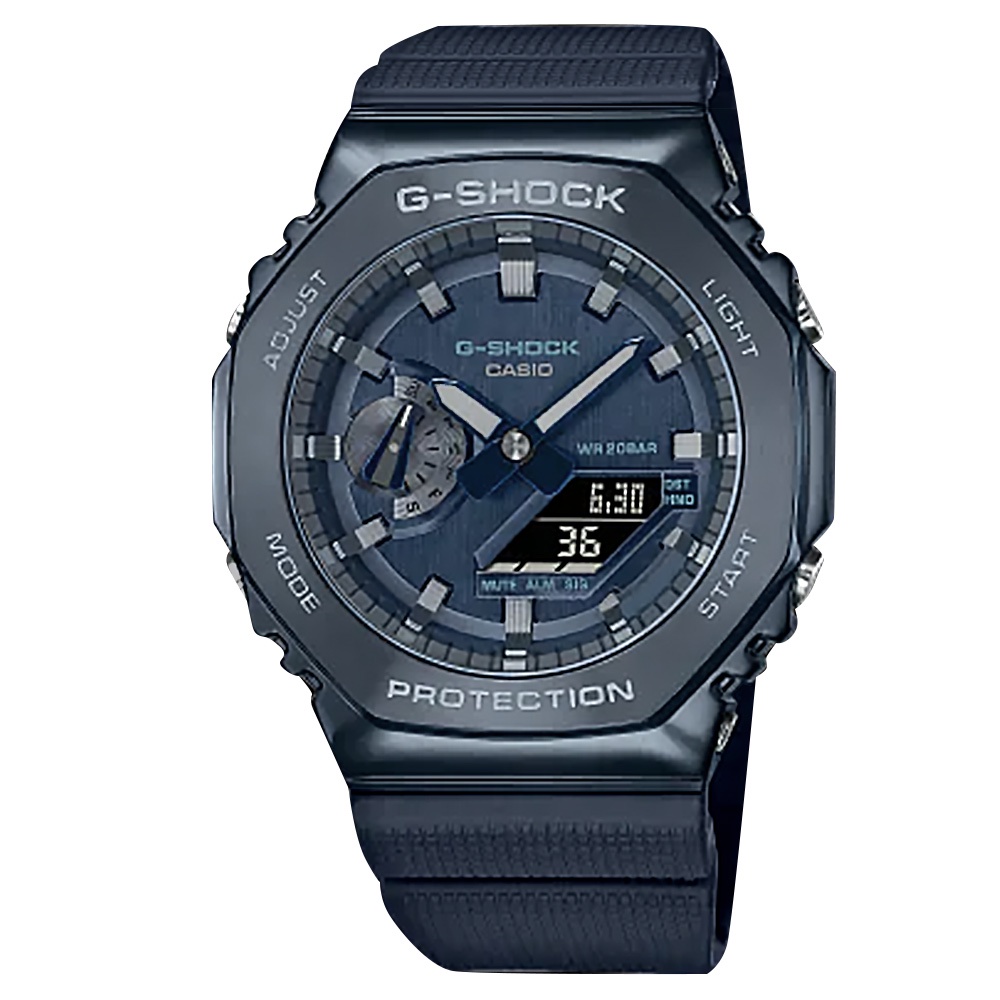 G-SHOCK CASIO / 卡西歐 八角金屬 雙顯 防水 橡膠手錶 藍色 / GM-2100N-2A / 45mm