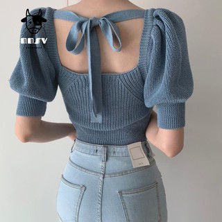 牛奶少女[任2件折30]熱賣🔥韓國chic法式優雅方領小心機鏤空露背綁帶修身泡泡袖針織衫T恤女