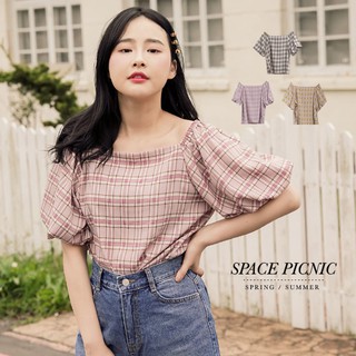 [明天出貨] Space Picnic｜正韓-格紋鬆緊一字領澎澎短袖上衣(現貨)【K20021025】