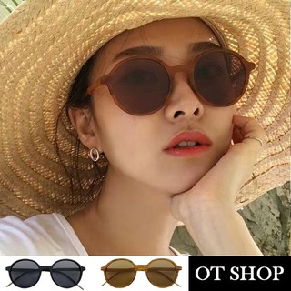 OT SHOP太陽眼鏡 墨鏡 復古圓框膠框 鏡腳拼接金屬 抗UV400 文青 亮黑灰片/條紋茶片 現貨 U121