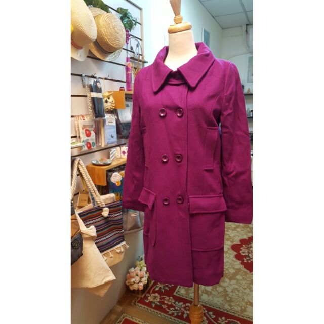 韓國製 全新現貨 軍裝風挺版 珍稀少見 街拍最潮紫紅色長版羊毛大衣