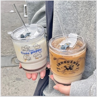 窩窩新品 韓風ins原創設計卡通小狗玻璃杯 吸管水杯 咖啡杯 奶茶杯 早餐杯 帶蓋情侶杯350ML