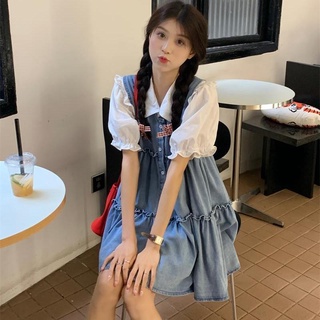 學院風木耳邊襯衫女學生甜美百搭牛仔背帶連衣裙子韓版單件套裝