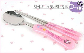 asdfkitty*韓國製 KITTY粉雲朵膠柄不鏽鋼筷子+湯匙-膠柄把手好握好拿