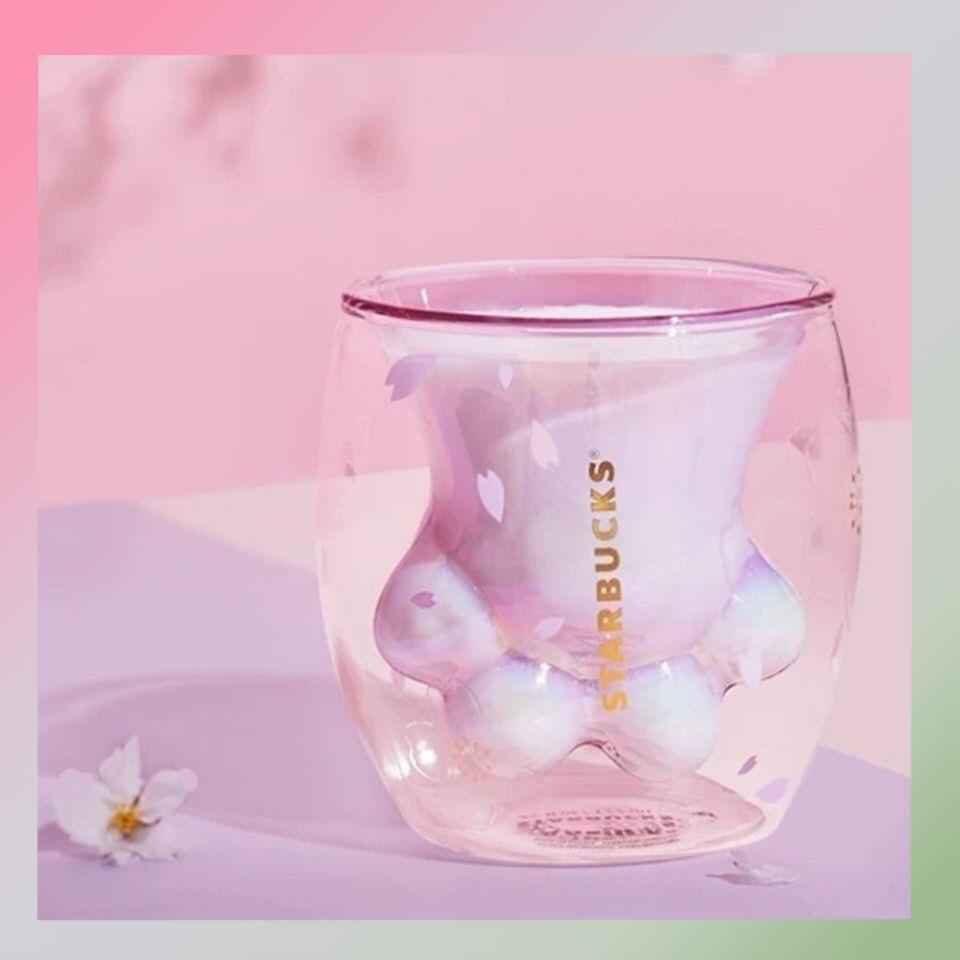 櫻花系列 正版starbuck星巴克猫爪杯粉色櫻花限量款紫櫻猫抓雙層玻璃水杯子星巴克貓爪杯杯子禮物 蝦皮購物