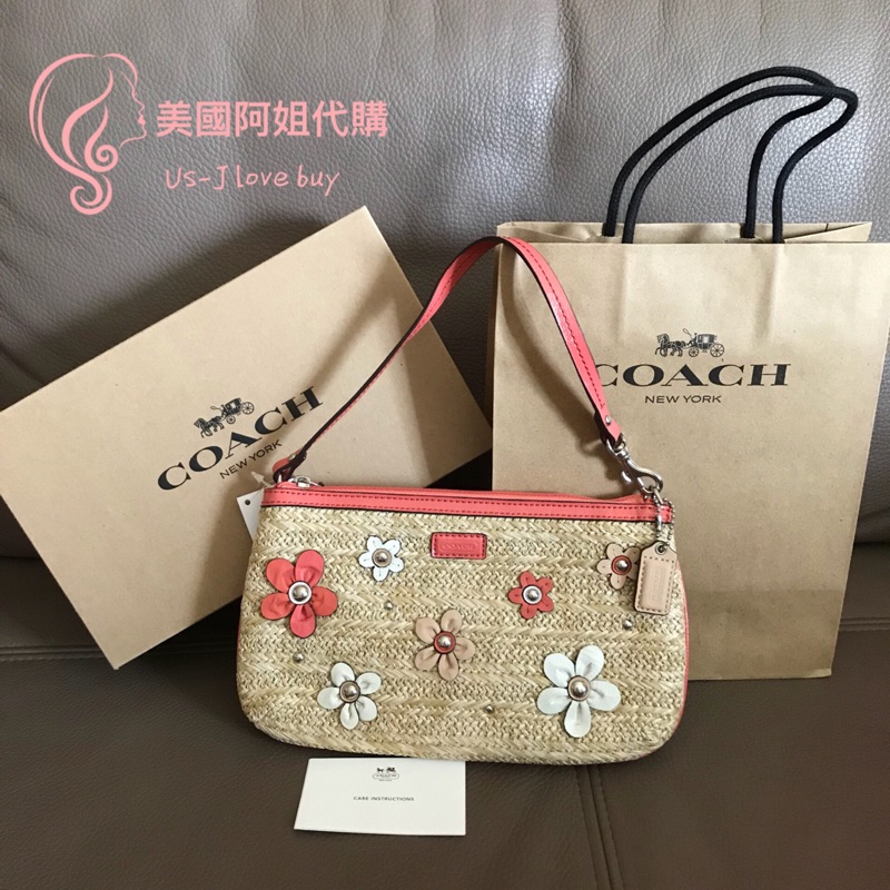 ❤️美國阿姐代購❤️出清‼️Coach 50755 藤編粉色花朵大手拿包/肩背包 手拿包 現貨在台 5.5吋可入