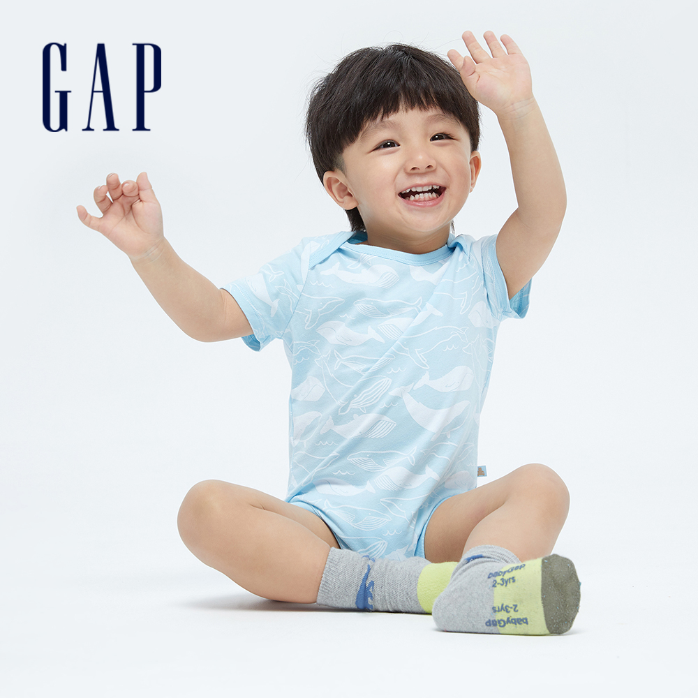 Gap 嬰兒裝 童趣印花舒適短袖包屁衣 布萊納系列-淺藍色(892593)