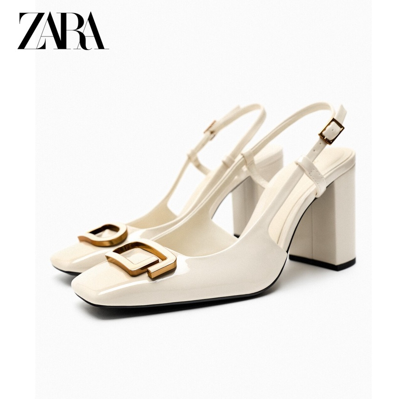 zara2023夏季新款女鞋黑色漆皮裝飾品鑲飾粗跟露跟鞋方頭涼鞋高跟鞋