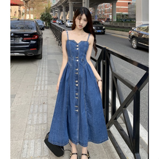 韓版無袖牛仔洋裝女裝性感復古緊身收腰中長款雙扣設計A字吊帶牛仔洋裝