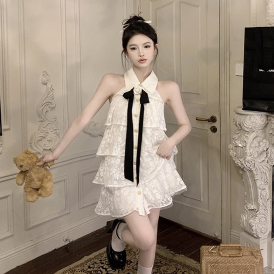 韓版氣質時尚無袖洋裝女裝緊身收腰蕾絲繡花飄帶翻領白色雪紡洋裝