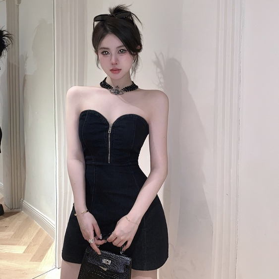 韓版性感女神範一字領洋裝女裝緊身收腰設計露背黑色包臀無袖洋裝