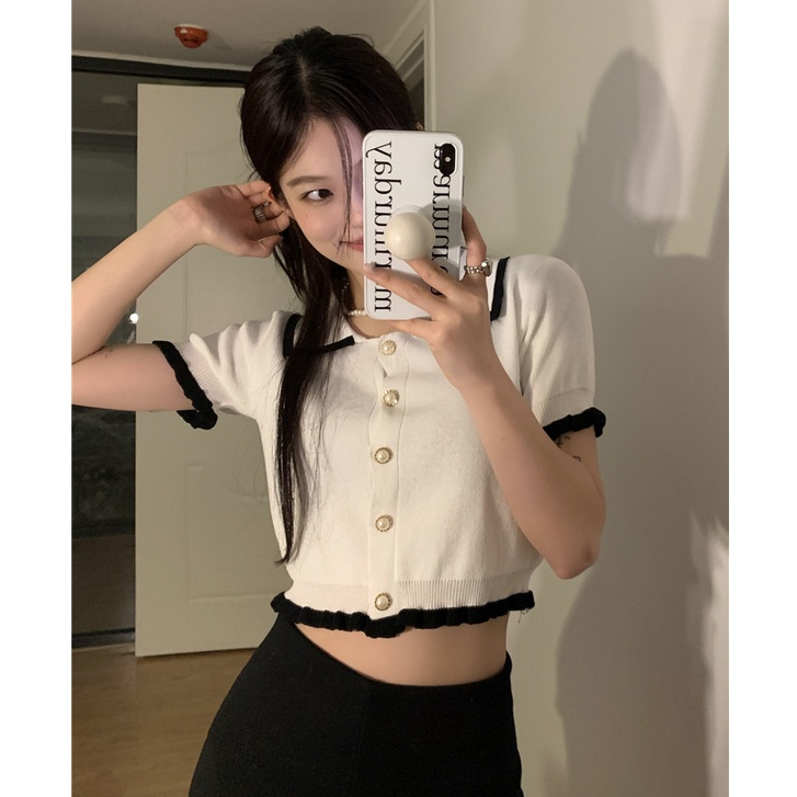 韓版時尚復古撞色短袖t恤女夏季寬鬆polo領短版開衫