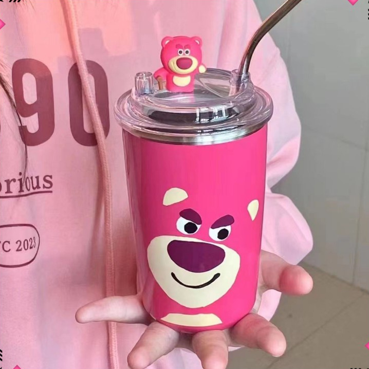 可愛卡通熊和草莓水瓶 500ML 咖啡杯 吸管保溫杯