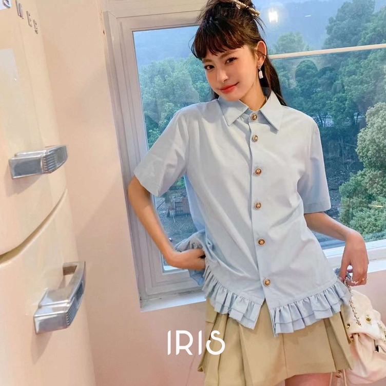 IRIS BOUTIQUE 泰國製造 小眾設計品牌 夏季新款 淺藍色純棉短袖襯衫女
