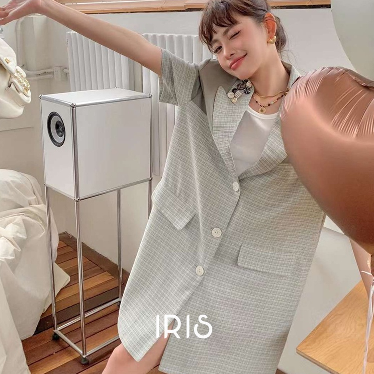 IRIS BOUTIQUE 泰國製造 小眾設計品牌 夏季新款薄荷綠色格紋復古西裝洋裝女
