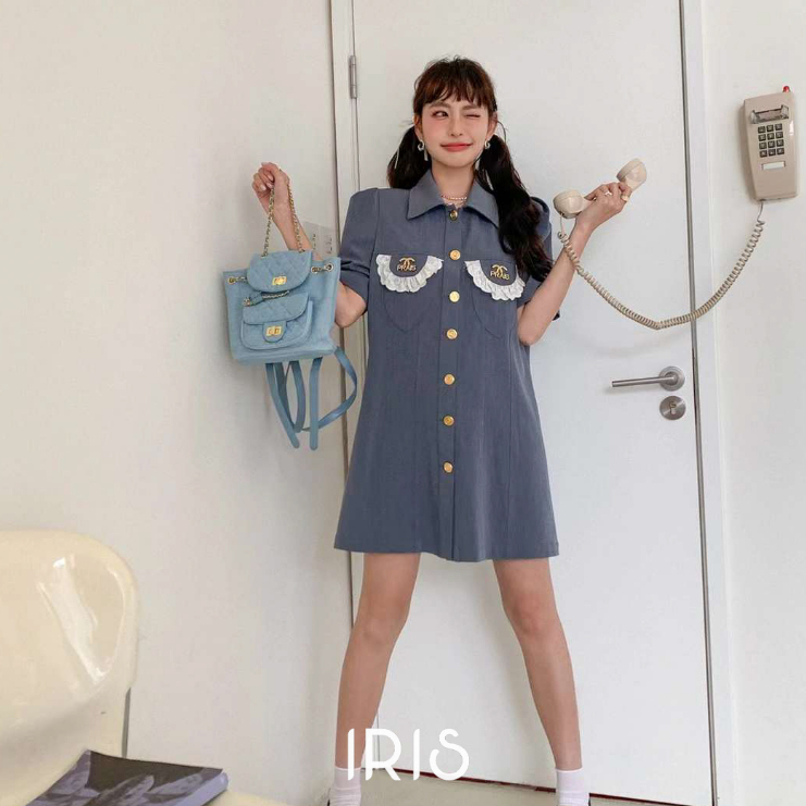 IRIS BOUTIQUE 泰國製造 小眾設計品牌 夏季新款 格調清醒洋灰色口袋短袖洋裝女