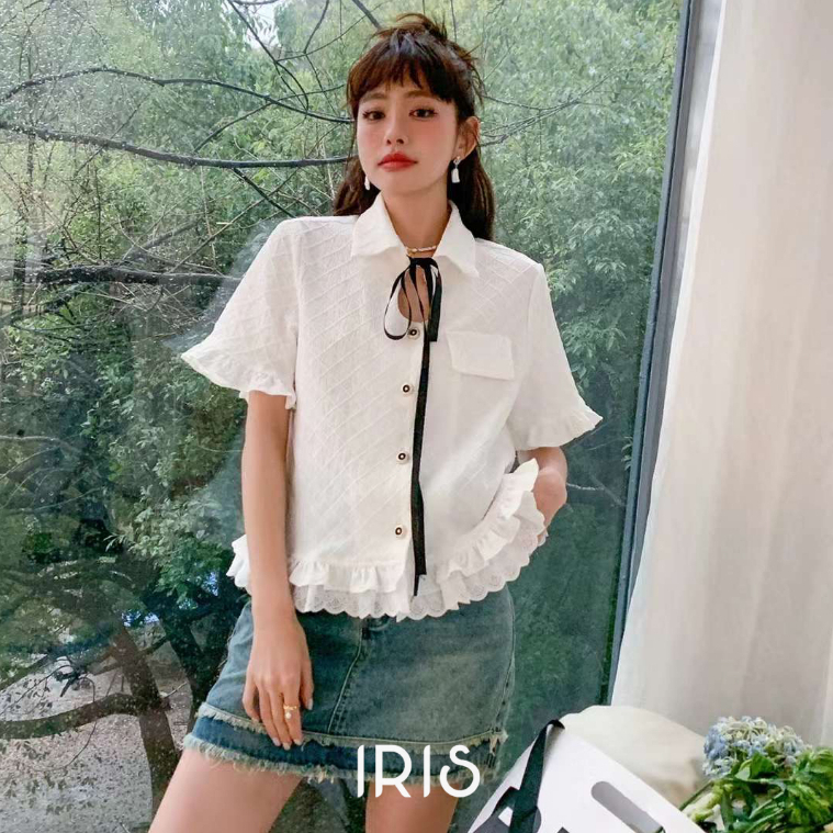 IRIS BOUTIQUE 泰國製造 小眾設計品牌 夏季新款 布拉格少女短袖襯衫白色女