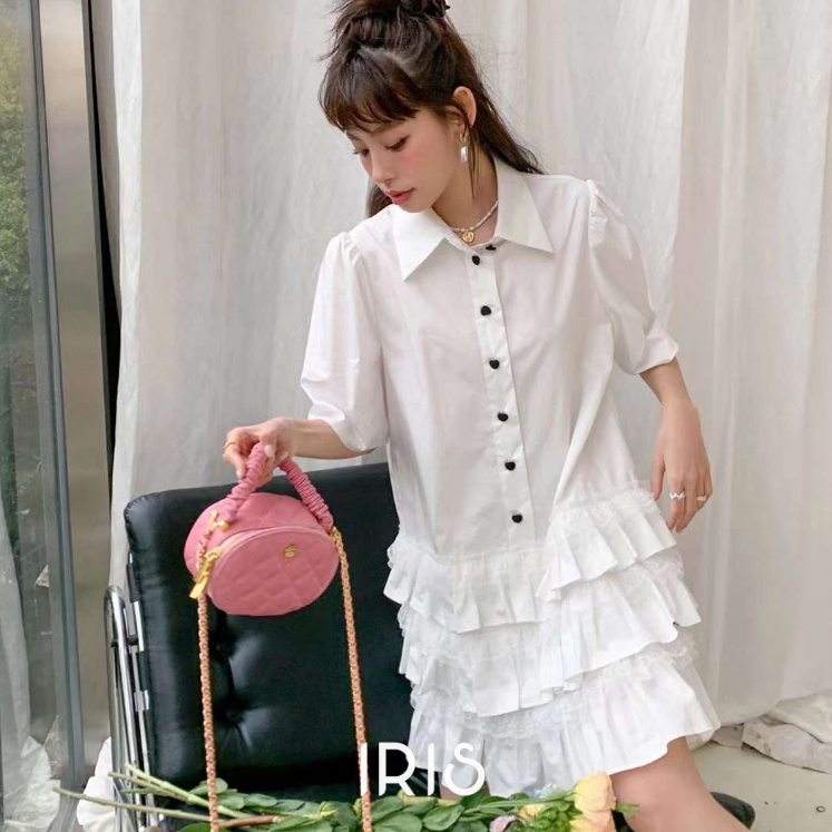 IRIS BOUTIQUE 泰國製造 小眾設計品牌 夏季新款 酸酸甜甜 純白短袖翻領洋裝女