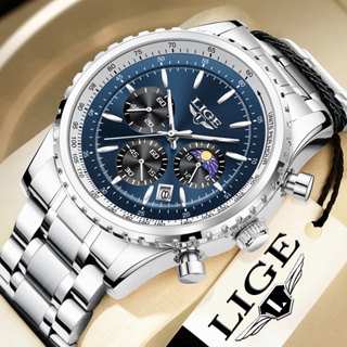 LIGE男士手錶豪華休閒計時碼表模擬石英手錶防水夜光男士商務手錶