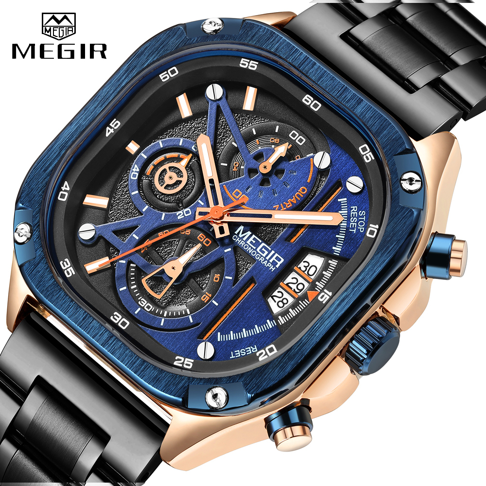 Megir 2217 運動手錶男士豪華商務方形計時碼表夜光指針手錶不銹鋼時尚男士石英手錶