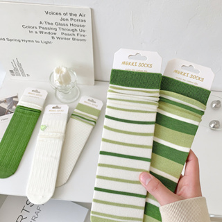 大唐襪業 D375 薄款堆堆襪子綠色小清新字母條紋中筒襪子女直板透氣女襪長襪