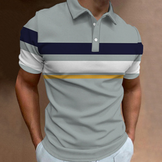 男士休閒 Polo 衫條紋印花夏季時尚街頭短袖上衣高爾夫襯衫