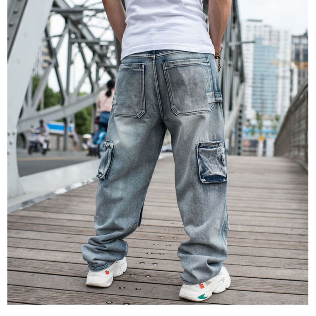 牛仔褲男士日式品牌男士直筒牛仔工裝褲機車牛仔褲男士寬鬆寬鬆藍色牛仔褲帶側袋