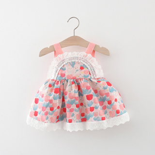 紅色粉色鬱金香女寶寶吊帶連衣裙夏季新款白色蕾絲邊寶寶連衣裙甜美生日派對女童童裝(0-3歲)
