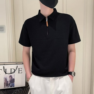 半拉鍊polo衫 男士短袖襯衫領 夏季痞帥潮牌高階感簡約白色冰絲t恤