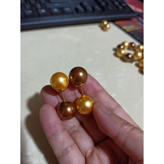 AAA 14mm 圓形南海金棕色貝殼珍珠耳環 14k 填充金
